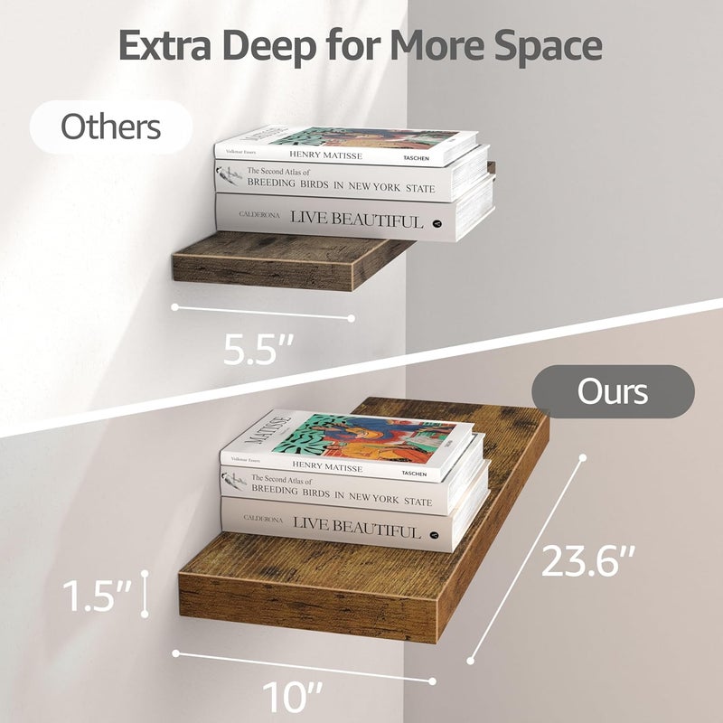 QEEIG 10" Deep Floating Shelves for Wall - 10 x 24 inch Book Shelf Bathroom Bedroom Kitchen Living Room Hanging Bookshelf Farmhouse Set of 3, Rustic Brown (025-60BN3) - Image 3